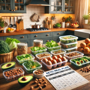 DALL·E 2024-08-27 10.50.30 - A well-organized kitchen table displaying a weekly keto meal plan with various low-carb, high-fat dishes. The table features avocados, eggs, nuts, lea